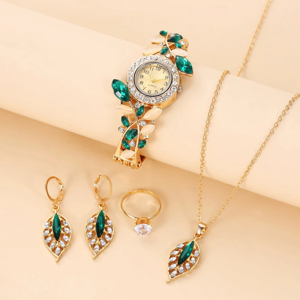 2025 New Korean Women's Diamond Set Leaf Quartz Watch Decorative Temperament Alloy Bracelet Watch Women's Edition