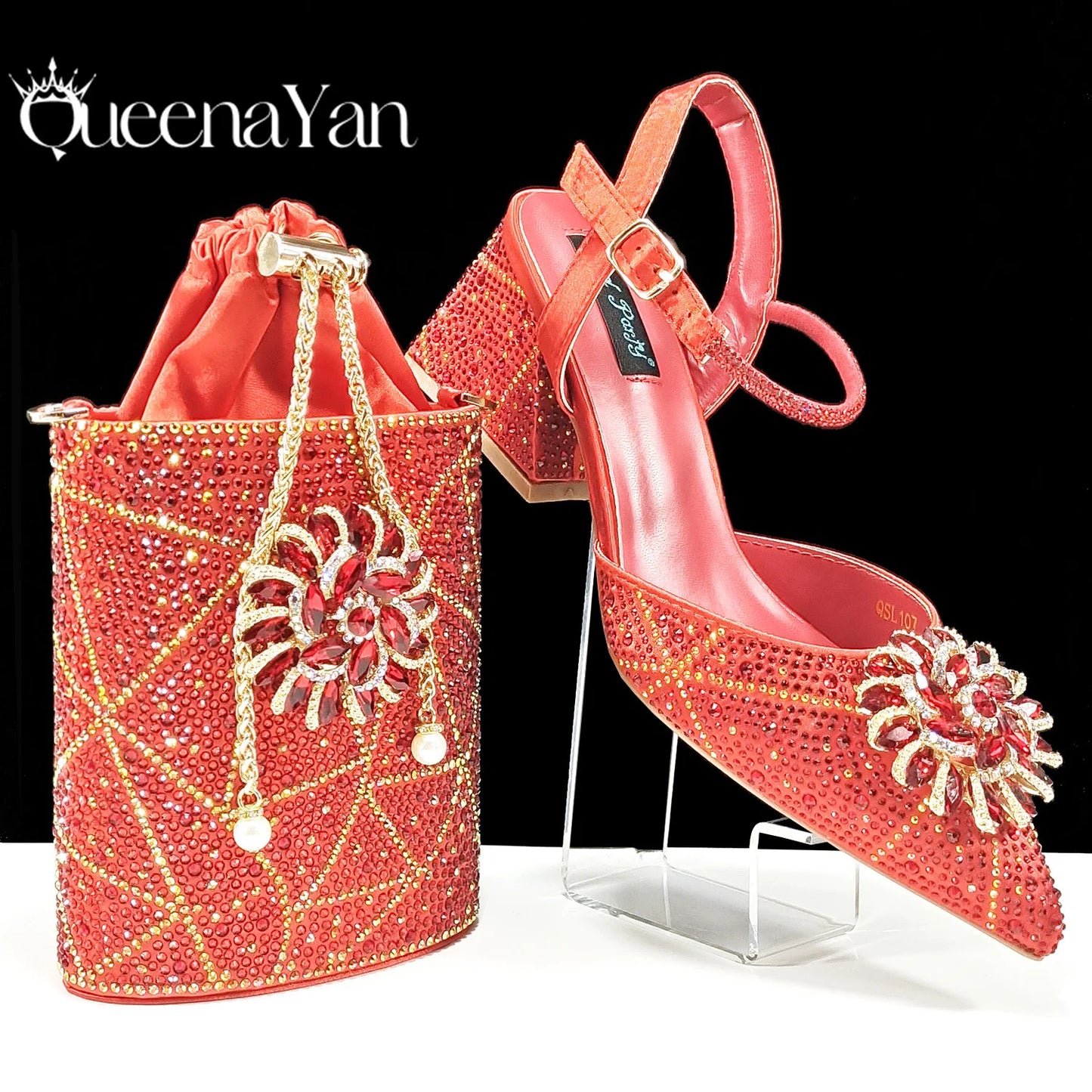 QueenaYan African Ladies Elegant Pointed Toe Shoes with shiny Metal Stand Bag Women Party Shoes or Commuting Shoes and Bag Set