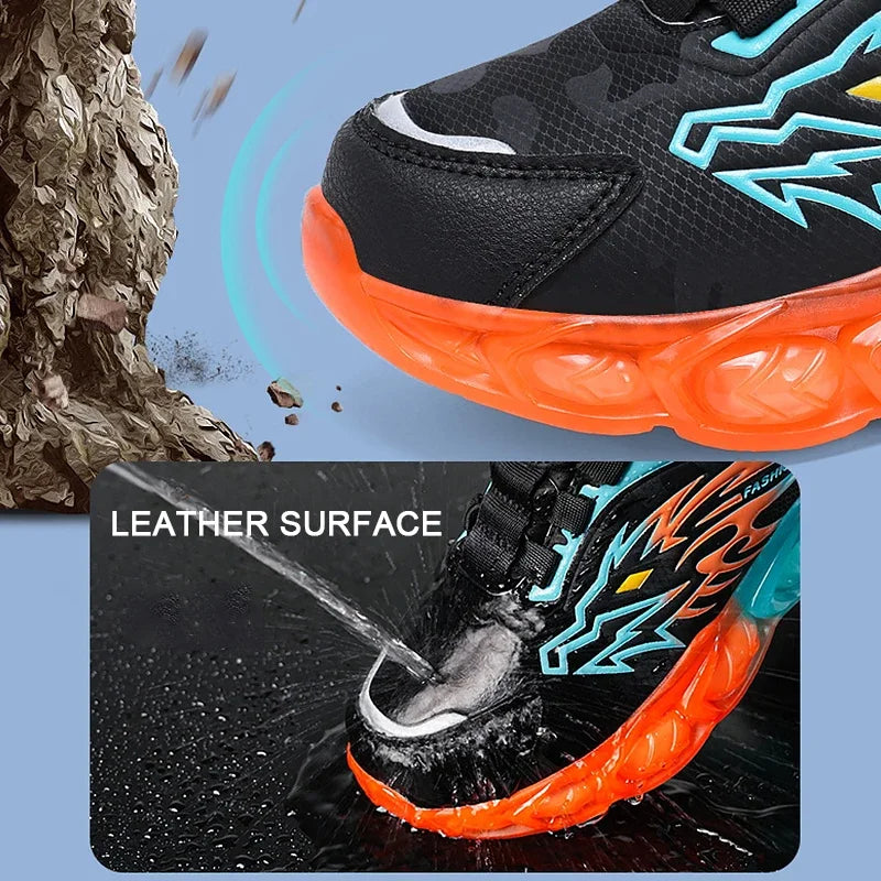 Kids Sneakers Anti-skid Leather for Boys Orange Casual Children Shoes with Fashion Running Walking Lightweight Dragon Pattern