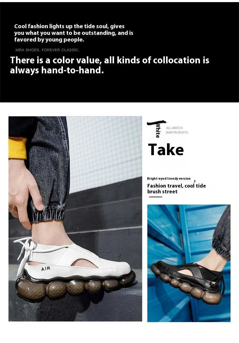 New popcorn cushioned soft sole coconut shoes low top casual sports shoes men's leather summer hollow fashion sandals