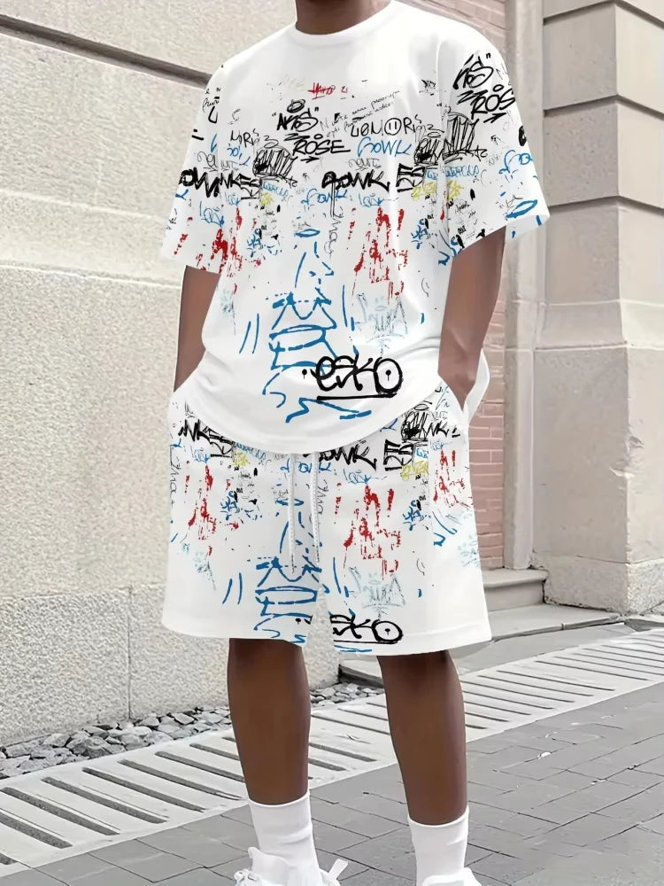 2025 Men's Short Sleeve Suit Creative Graffiti Print Outdoor Street Fashion Short Sleeve Top Shorts Casual T-shirt Two-Piece Set