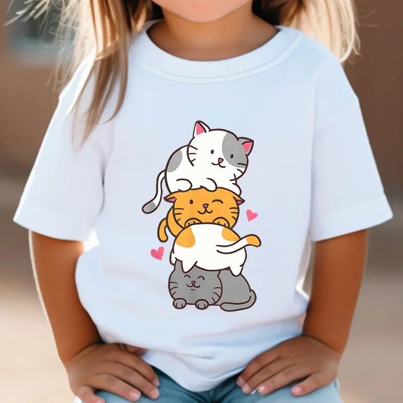 Cute Cat Graphic Kids Tshirts Kawaii T-Shirt Kids Summer Short Sleeve Tees Cartoon Animal Boys Girls Kawaii Kitten Tops Tshirt