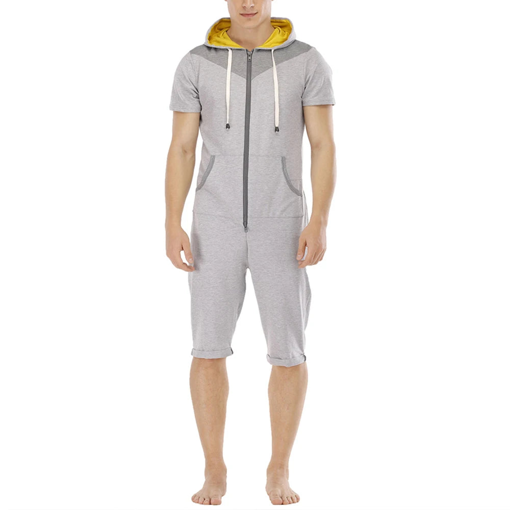 Men Short Sleeve Jumpsuit Sweatshirt Male Hoodies Zipper Overalls Bodysuit Rompers Short Pant Casual Home Wear Tracksuit Pajamas