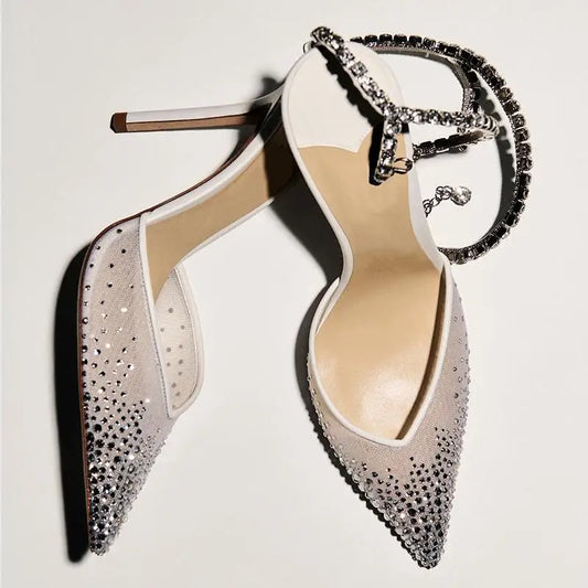 2025 New Mesh Hot Drilled Sexy Versatile Pointed Shallow Mouth Water Diamond Chain High Heels Baotou Sandals for Women