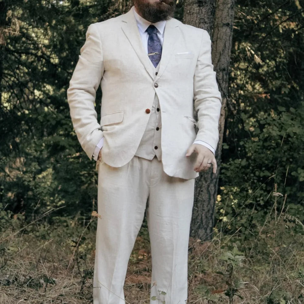 3 Piece Men's Retro Linen Men Suit Beach Wedding Suit Summer Slim Fit Linen Suit Groomsmen For Wedding(Blazer+Vest+Pants)