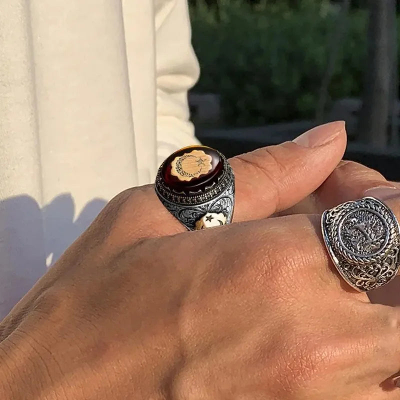 Male Ring Personality Hand Engraved Pattern Handmade Lustrous Vintage Red Stone Turkish Signet Ring Finger Jewelry Accessory 