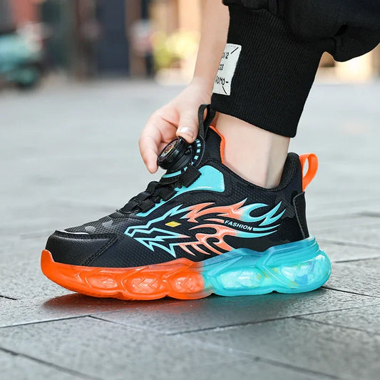 Kids Sneakers Anti-skid Leather for Boys Orange Casual Children Shoes with Fashion Running Walking Lightweight Dragon Pattern
