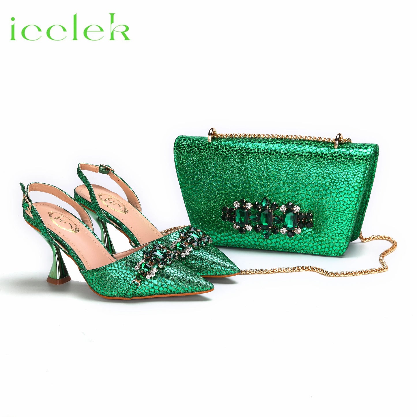 High Heels Shoes for Women Fashion Embroidery Rhinestone Italian Design Gold Color Pointed Toe Shoes and Bags Set