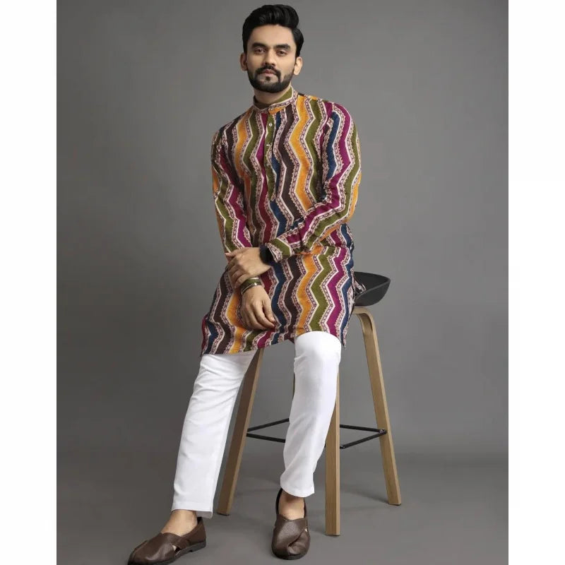 2025 Men Digital Printed Kurta Vardha Regular Fit Mandarin Collar Long Suitable All Occasions Such Wedding Hari Raya Aidilfitri