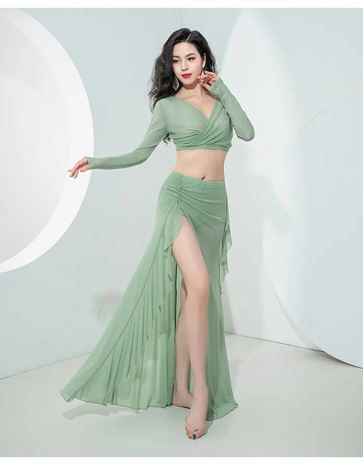 Women Oriental Dance Costume Dress 2 Piece Gauze Top Side Split Long Skirt Professional Dancer Performance Training Outfit New