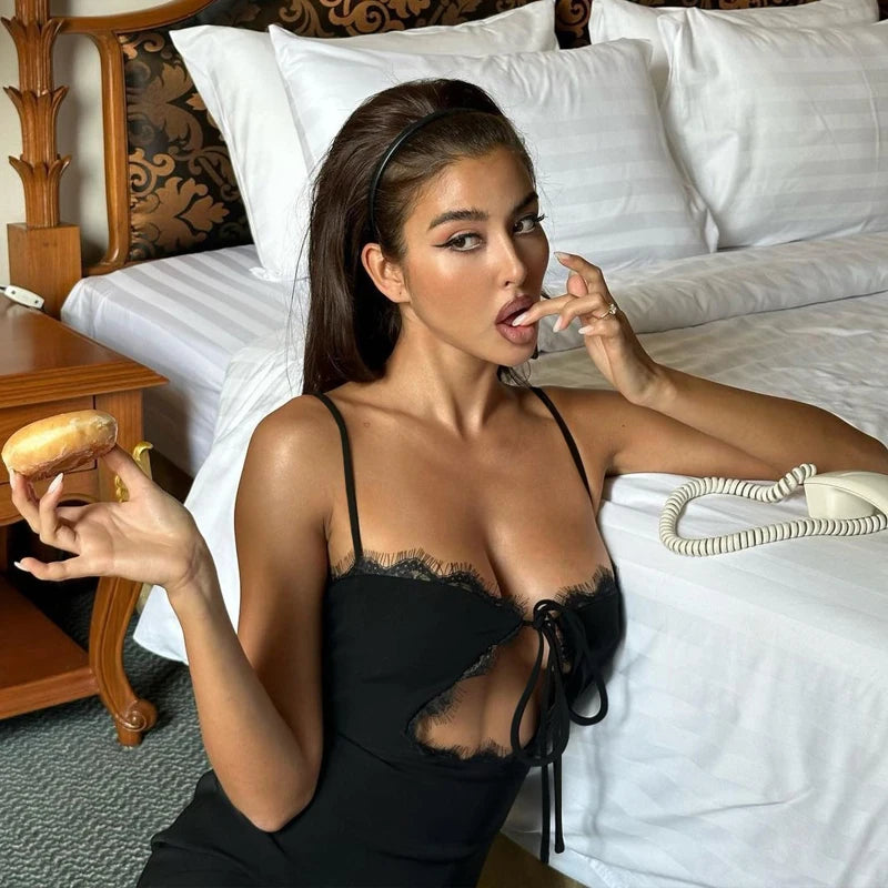 Hugcitar Black Slips Backless Hollow Out Lace Up Sexy Bodycon Elegant Mini Dress Summer Women New Y2K Outfits Festival Nightclub