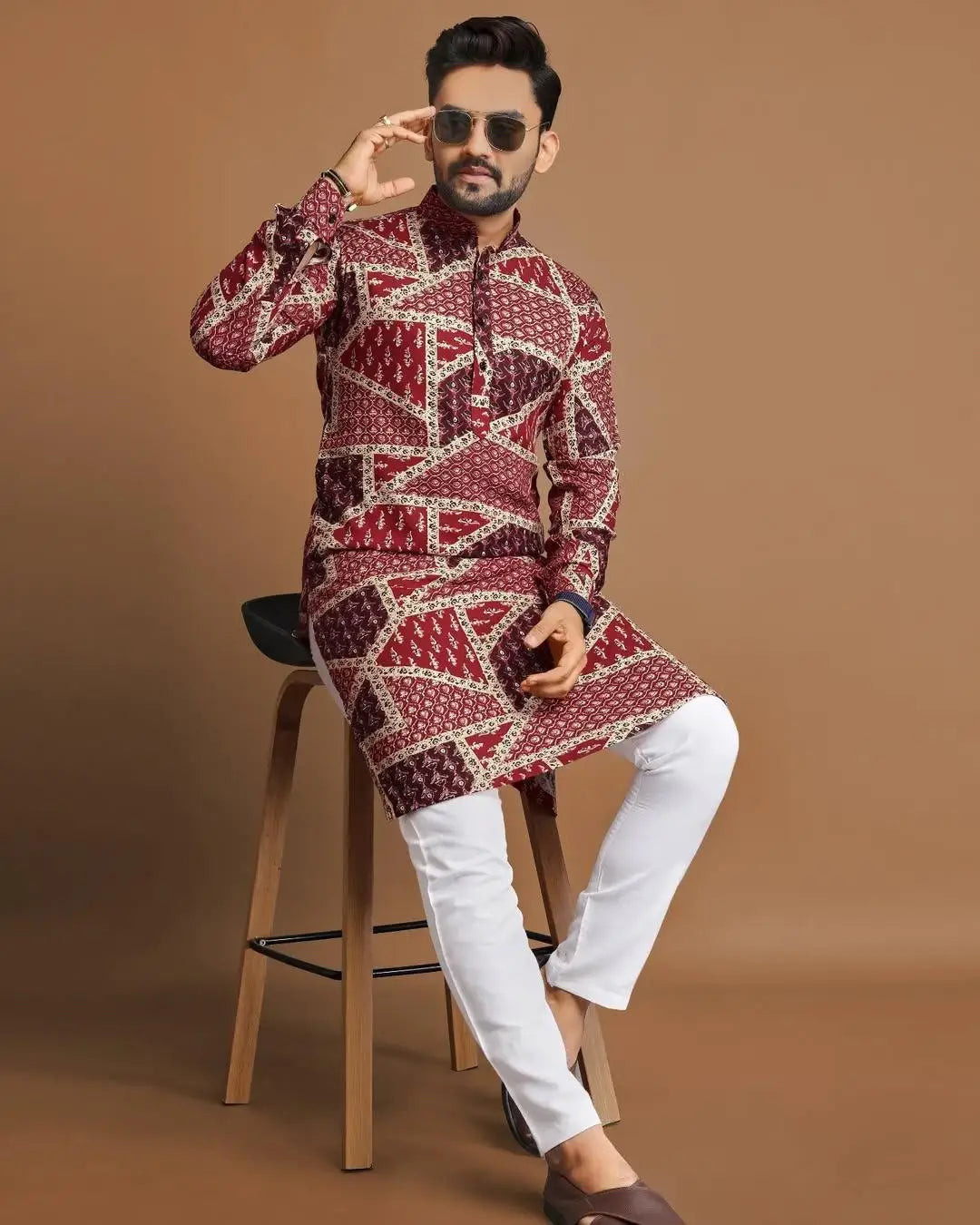 2025 Men Digital Printed Kurta Vardha Regular Fit Mandarin Collar Long Suitable All Occasions Such Wedding Hari Raya Aidilfitri