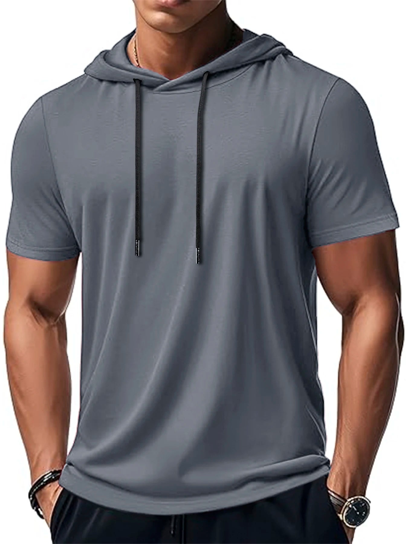 New Mens Short Sleeve Loose T-shirt Multi Solid Color Lightweight Hoodie Fitness Breathable Collar Tops Summer Hooded Sweatwear