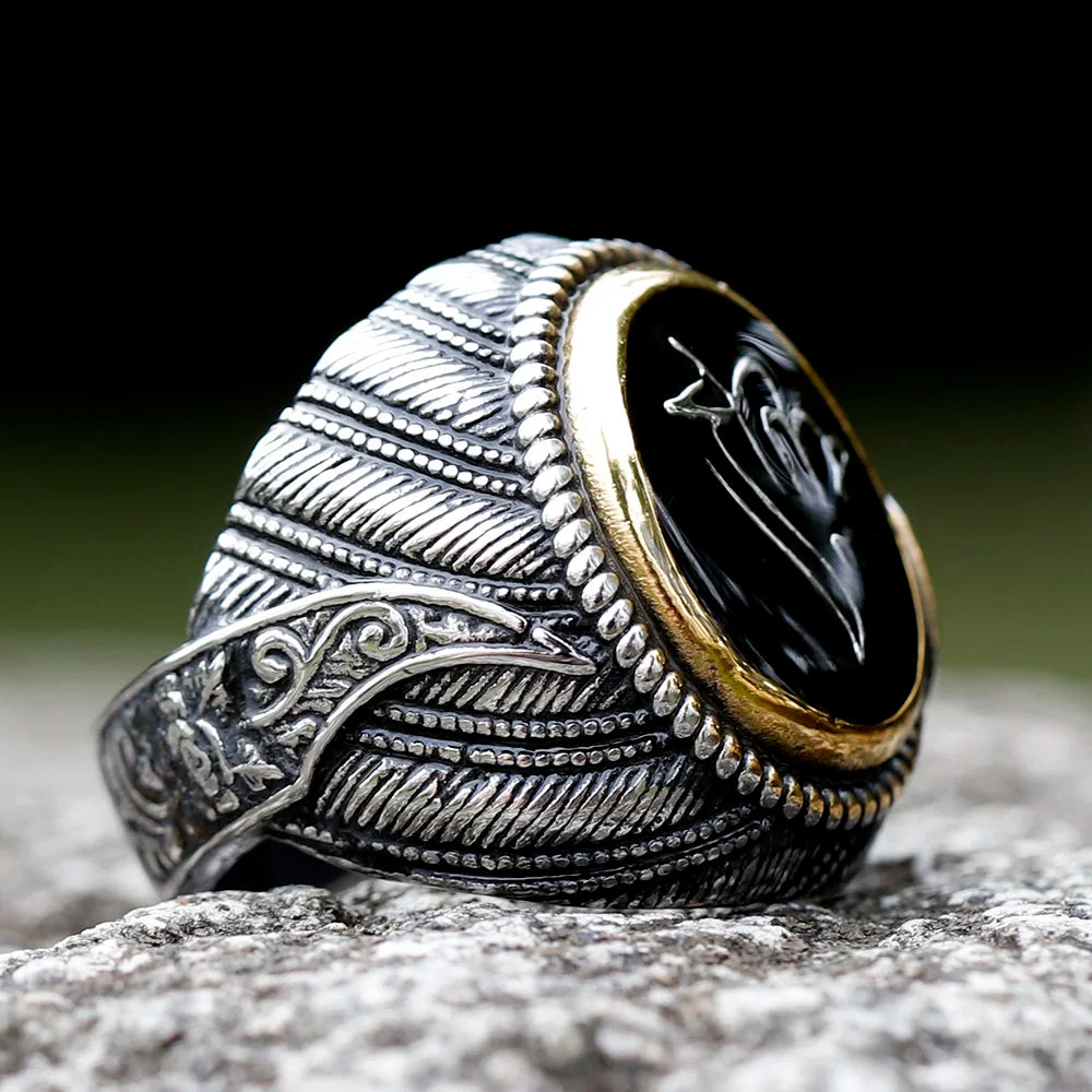 316L Stainless Steel Turkish Signet Ring Zircon Stone Ethnic Style Jewelry Black Size 9