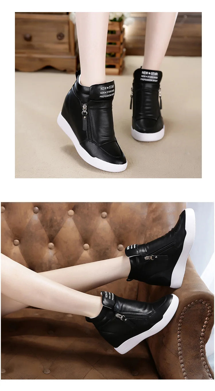 Women Casual Sneakers White PU Platform Shoes Ladies Wedge Sports Shoe Fashion Woman Black Chunky Side Zipper Vulcanized Shoes