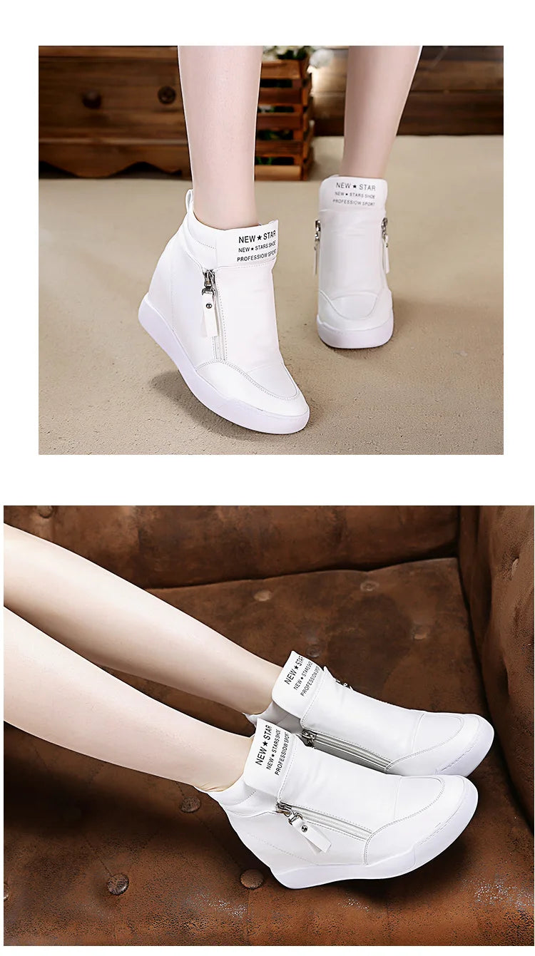 Women Casual Sneakers White PU Platform Shoes Ladies Wedge Sports Shoe Fashion Woman Black Chunky Side Zipper Vulcanized Shoes