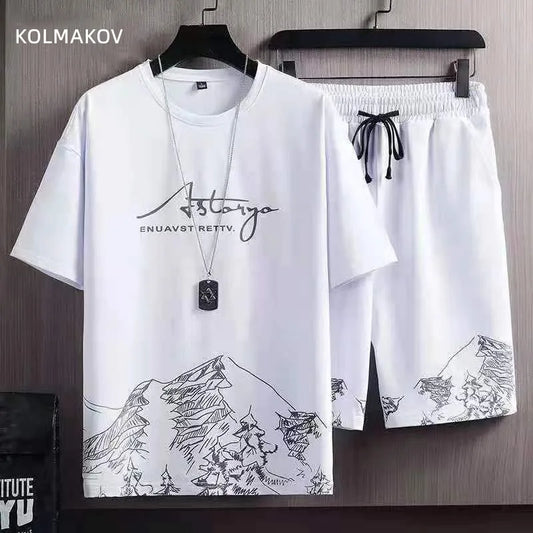 (T-Shirt + shorts)2025 summer men fashion short sleeve t shirts men's casual elastic waist shirts men Two-piece Suit M-5XL