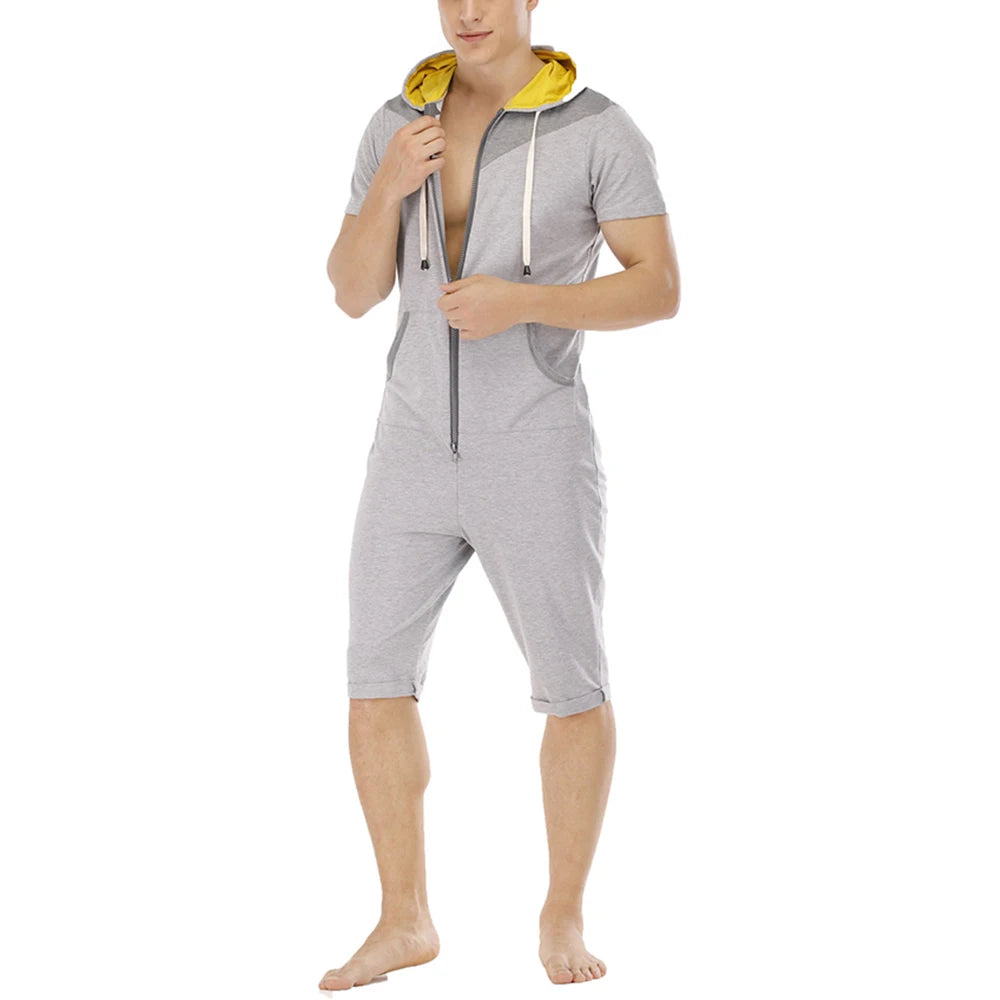 Men Short Sleeve Jumpsuit Sweatshirt Male Hoodies Zipper Overalls Bodysuit Rompers Short Pant Casual Home Wear Tracksuit Pajamas