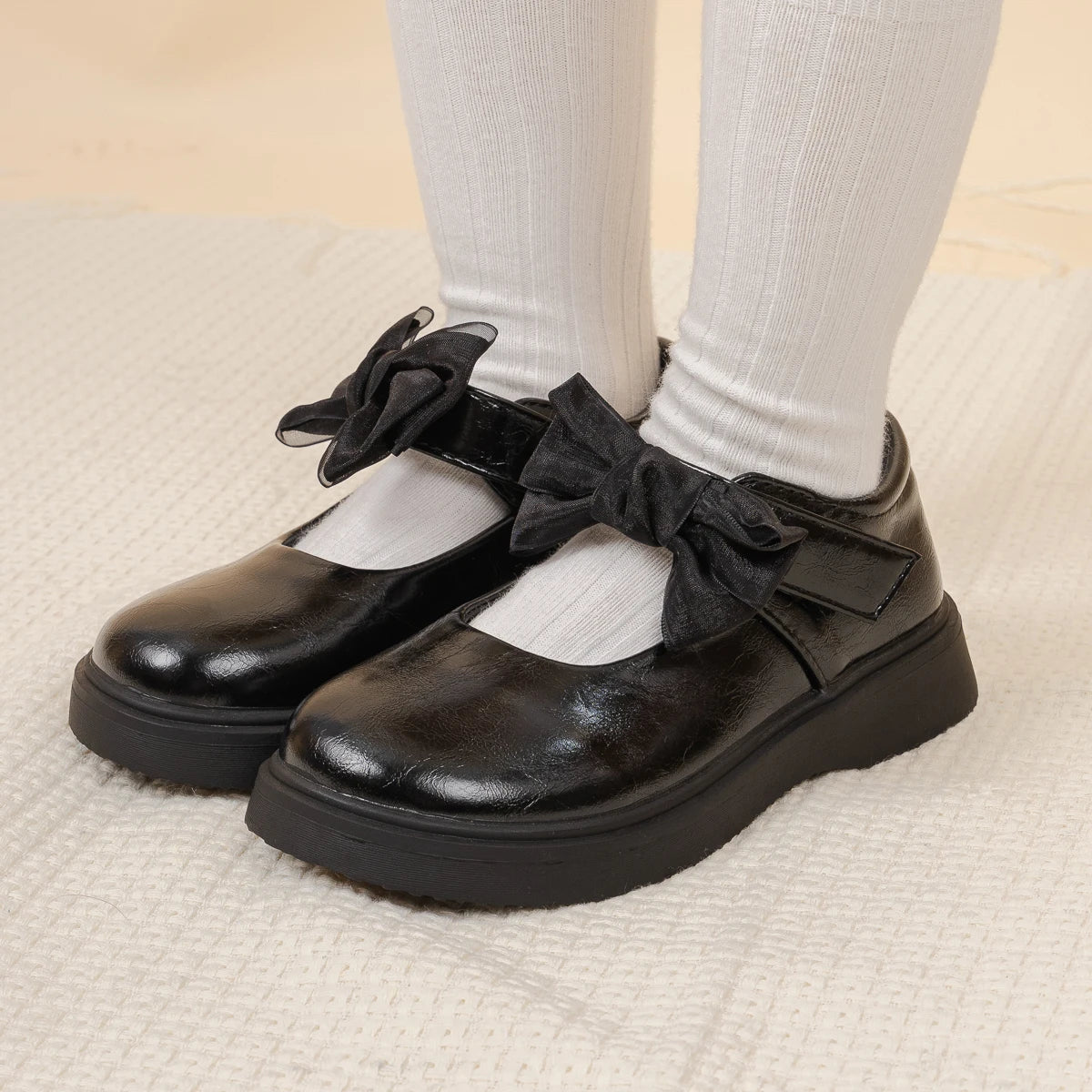Classic Children's Leather Shoes Spring and Autumn Bow Metal Buckle Mary Jane Party Shoes Soft Bottom Black Princess Shoes