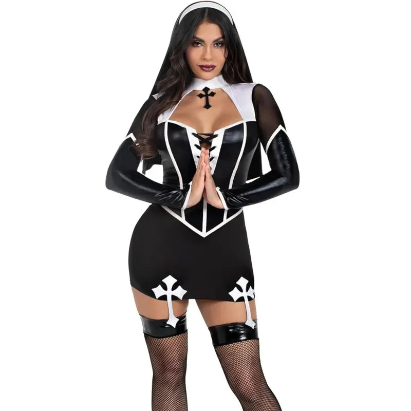 Women Halloween Nun Costume Sexy Black Pu Leather Hollow Nun Cosplay Outfit Tops with Skirts Carnival Party Rolepaly Dress Up