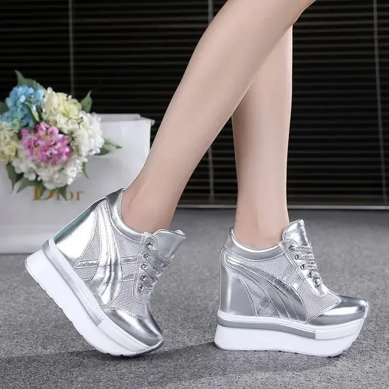 NEW Classic Women Mesh Platform Sneakers White Shoes 10CM High Heel Wedges Outdoor Breathable Casual Shoes Autumn Round Toe 2024