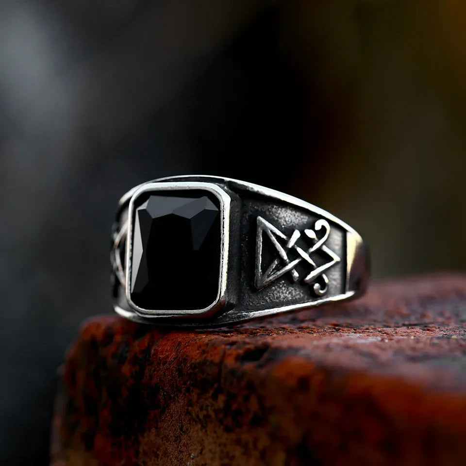 2024 New Updated Design Lucifer Satan Signet Ring For Men With Black Stone Stainless Steel Vintage Jewelry Gift Wholesale