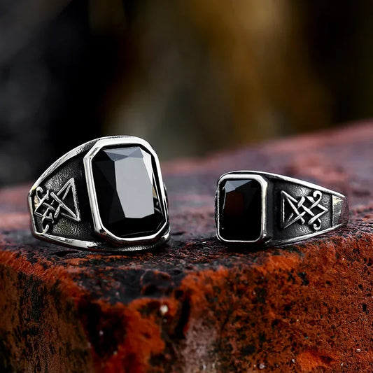 2024 New Updated Design Lucifer Satan Signet  Ring For Men With Black Stone Stainless Steel Vintage Jewelry Gift Wholesale
