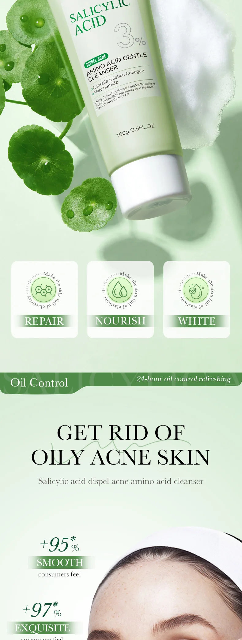 1/2pcs SADOER Salicylic Acid Facial Cleanser Face Wash Foam Face Cleanser Moisturizing Facial Cleansing Face Skin Care Products
