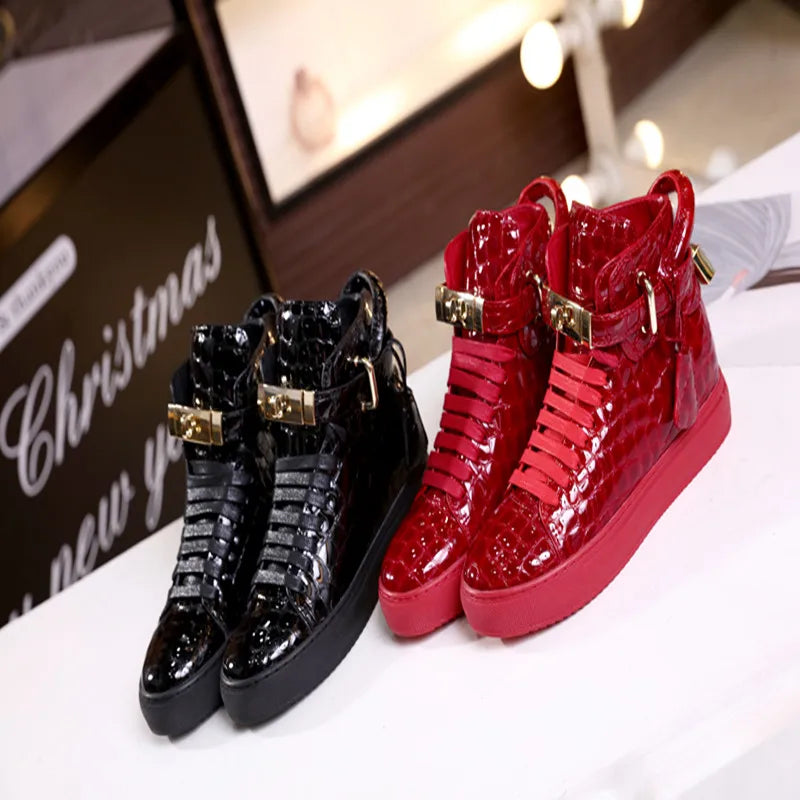 Unisex High-Top Leather Sneakers - Casual Running Shoes with Metal Details
