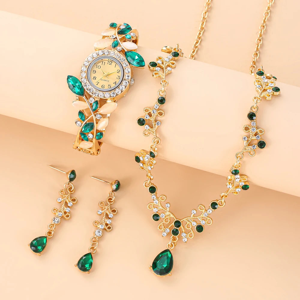 2025 New Korean Women's Diamond Set Leaf Quartz Watch Decorative Temperament Alloy Bracelet Watch Women's Edition