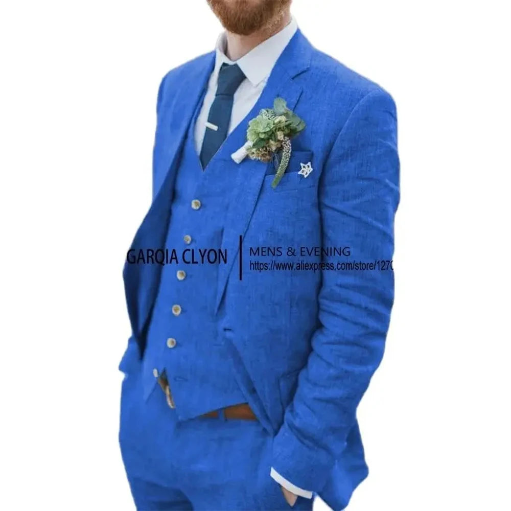 3 Piece Men's Retro Linen Men Suit Beach Wedding Suit Summer Slim Fit Linen Suit Groomsmen For Wedding(Blazer+Vest+Pants)