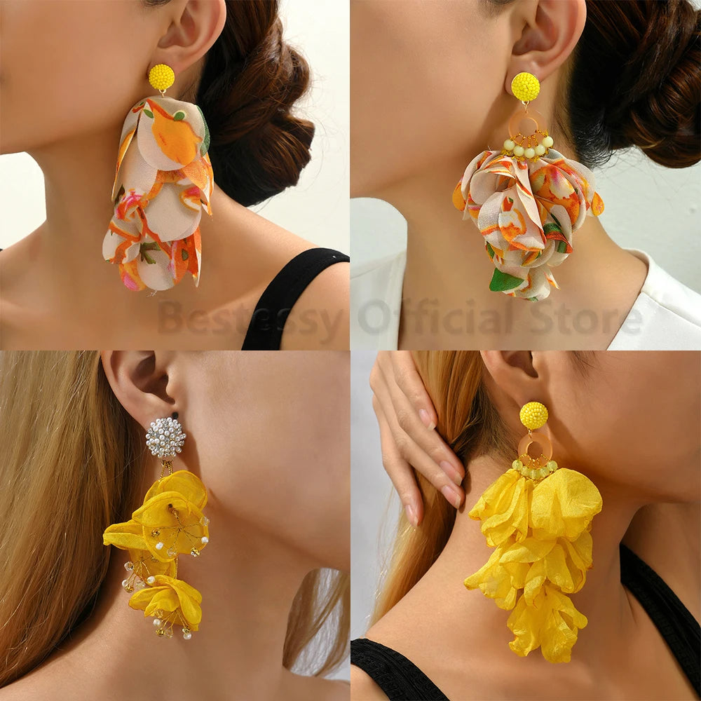 Boho Multicolor Cotton Flower Petal Dangle Earrings For Women Luxury Elegant Handmade Beaded Tassel Ear Pendant Fashion Jewelry