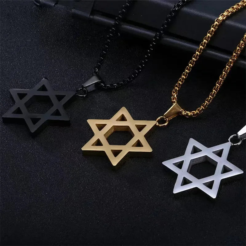 Stainless Steel Simple Star of David Six-Pointed Star Pendant Necklace for Men and Women Fashionable Jewish Religious Trend Jewe