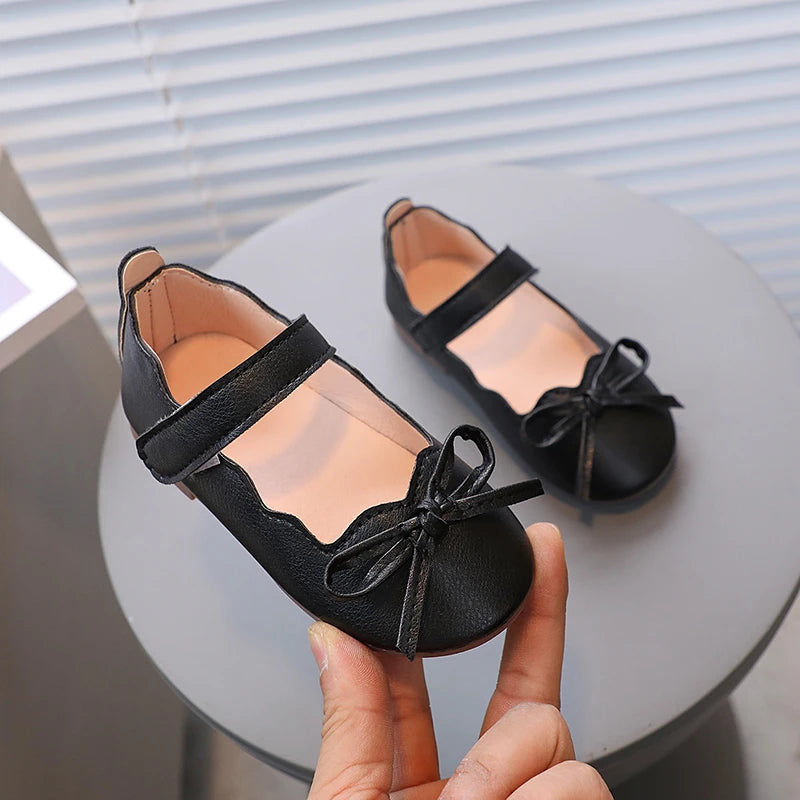 Little Girl's Princess Shoes Spring Black White Bowtie Cute Children Flat Shoe Shallow Matte Pu Leather Comfy Kids Shoe 21-30