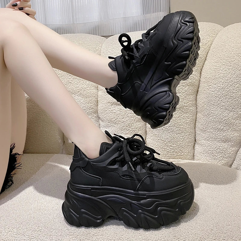 Hidden Heels White Chunky Sneakers Women Breathable Lace Up High Platform Shoes Woman 2025 Autumn Non-Slip Thick Bottom Sneakers