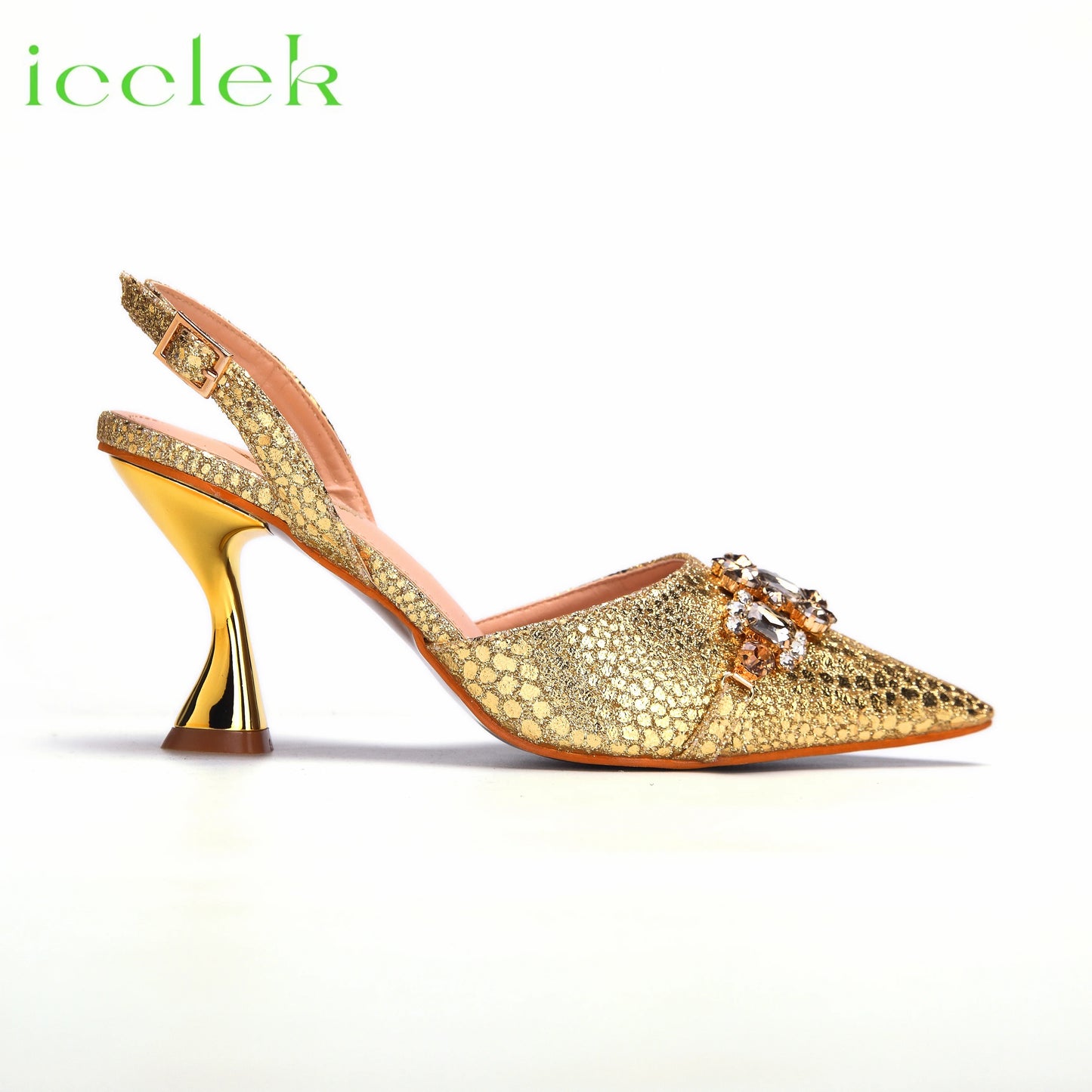 High Heels Shoes for Women Fashion Embroidery Rhinestone Italian Design Gold Color Pointed Toe Shoes and Bags Set