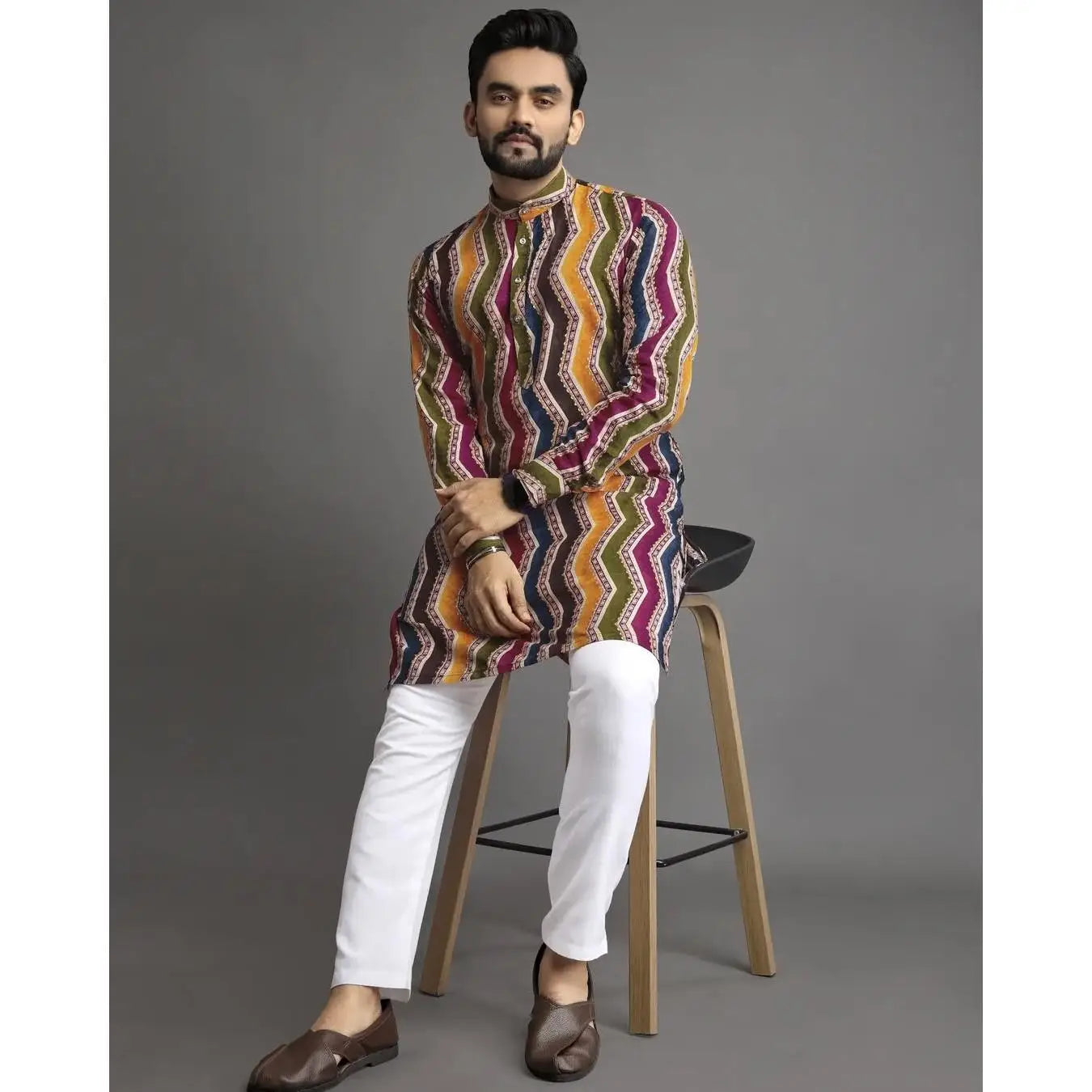 2025 Men Digital Printed Kurta Vardha Regular Fit Mandarin Collar Long Suitable All Occasions Such Wedding Hari Raya Aidilfitri