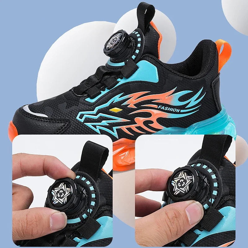 Kids Sneakers Anti-skid Leather for Boys Orange Casual Children Shoes with Fashion Running Walking Lightweight Dragon Pattern