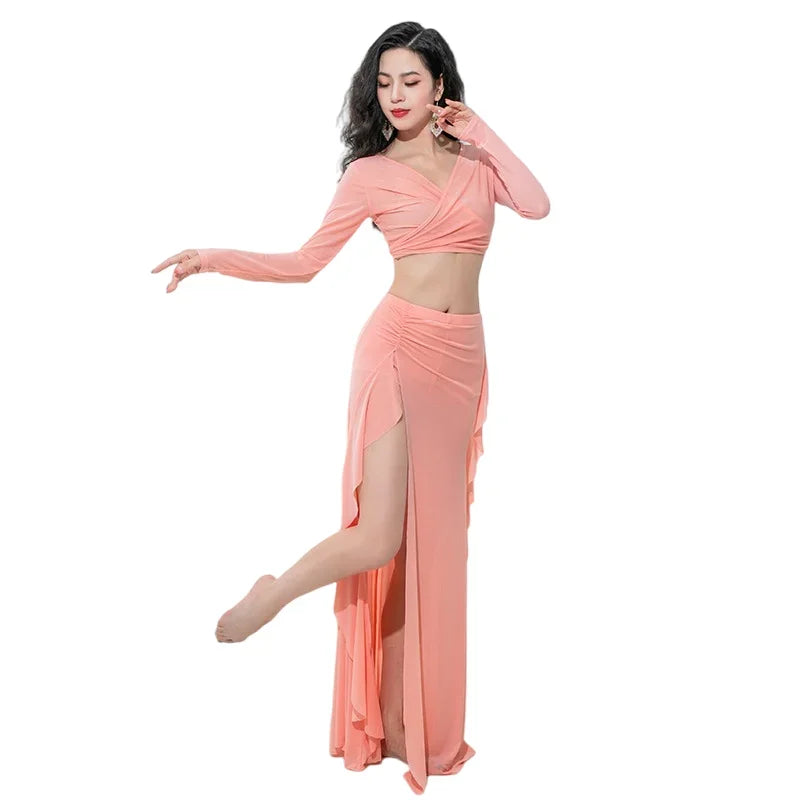 Women Oriental Dance Costume Dress 2 Piece Gauze Top Side Split Long Skirt Professional Dancer Performance Training Outfit New