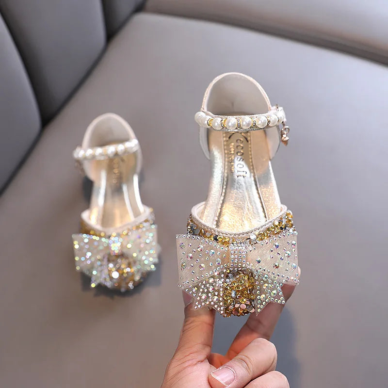 Autumn Summer Kids Leather Shoes Fashion Sequins Pearl Bow Girls Princess Shoes Children Sandals Party Shoes