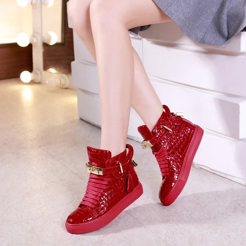 Unisex High-Top Leather Sneakers - Casual Running Shoes with Metal Details