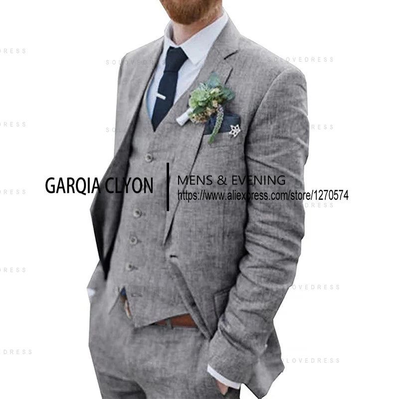 3 Piece Men's Retro Linen Men Suit Beach Wedding Suit Summer Slim Fit Linen Suit Groomsmen For Wedding(Blazer+Vest+Pants)