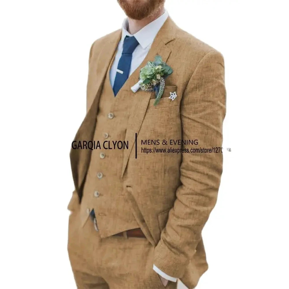 3 Piece Men's Retro Linen Men Suit Beach Wedding Suit Summer Slim Fit Linen Suit Groomsmen For Wedding(Blazer+Vest+Pants)