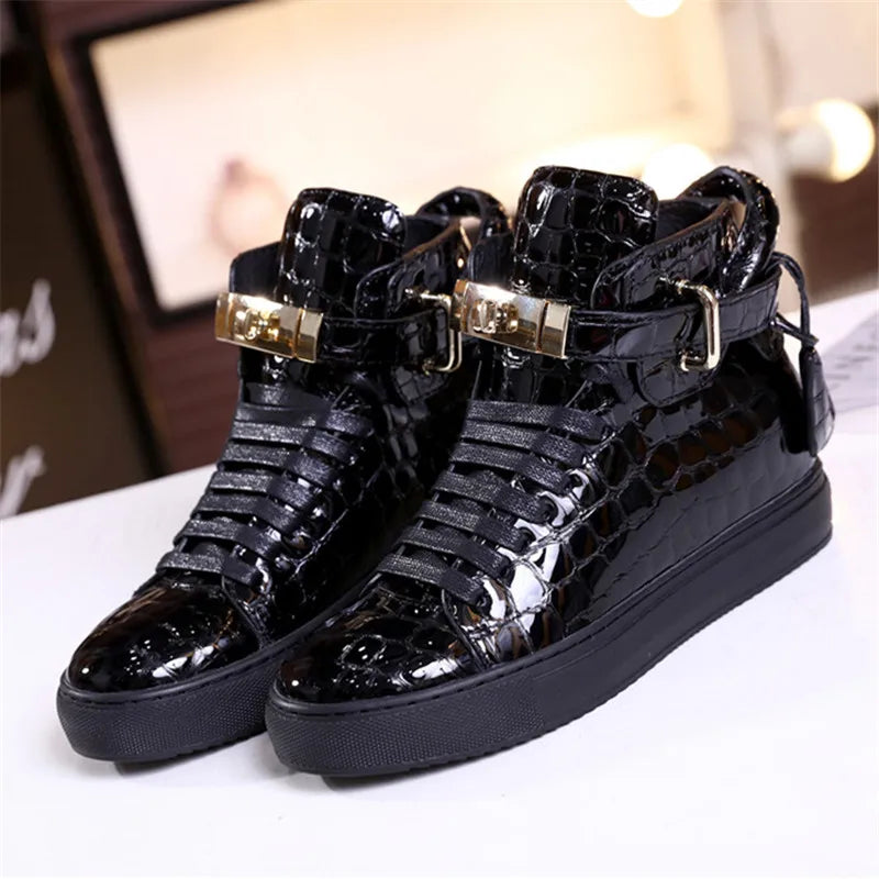 Unisex High-Top Leather Sneakers - Casual Running Shoes with Metal Details