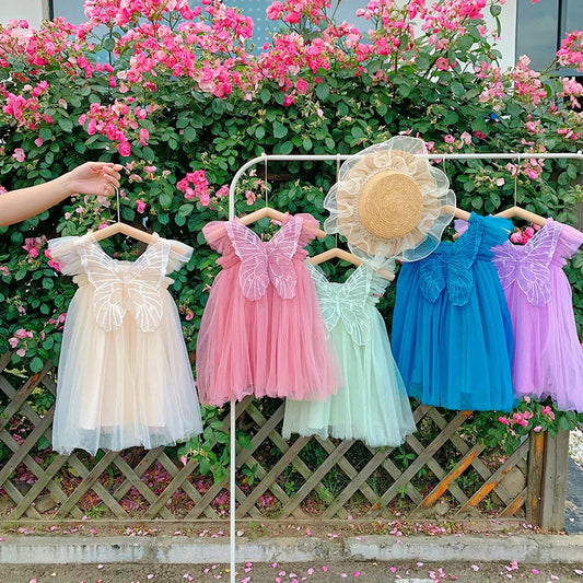 Children's Girl Dresses With Butterfly Wing Fashion Kids Tulle Dress For Girls 2-8Y Summer New Sleeveless Mesh Princess Clothes