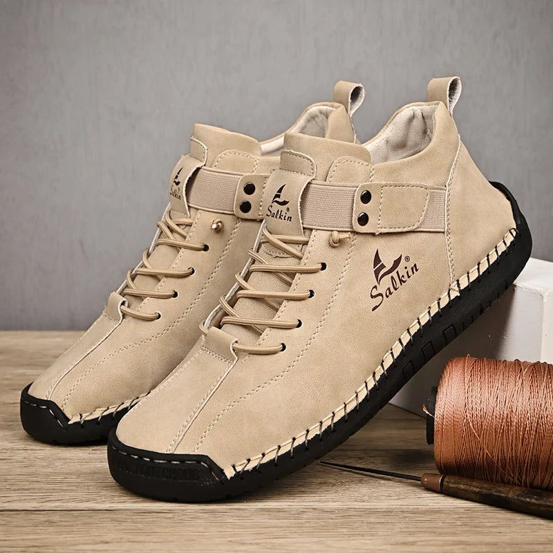 New 2025 Handmade Leather Casual Men Shoes Design Sneakers Man Breathable Leather Shoes Ankle Boots Outdoor Non Slip Walking