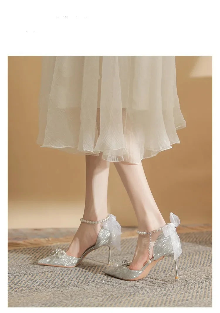 Women High Heeled Sandals Summer Fashion Bow Pearl Woman Pointed Toe Pumps Elegant Woman Sandals Party Lady Shoes