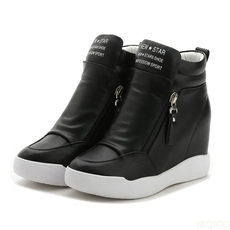 Women Casual Sneakers White PU Platform Shoes Ladies Wedge Sports Shoe Fashion Woman Black Chunky Side Zipper Vulcanized Shoes