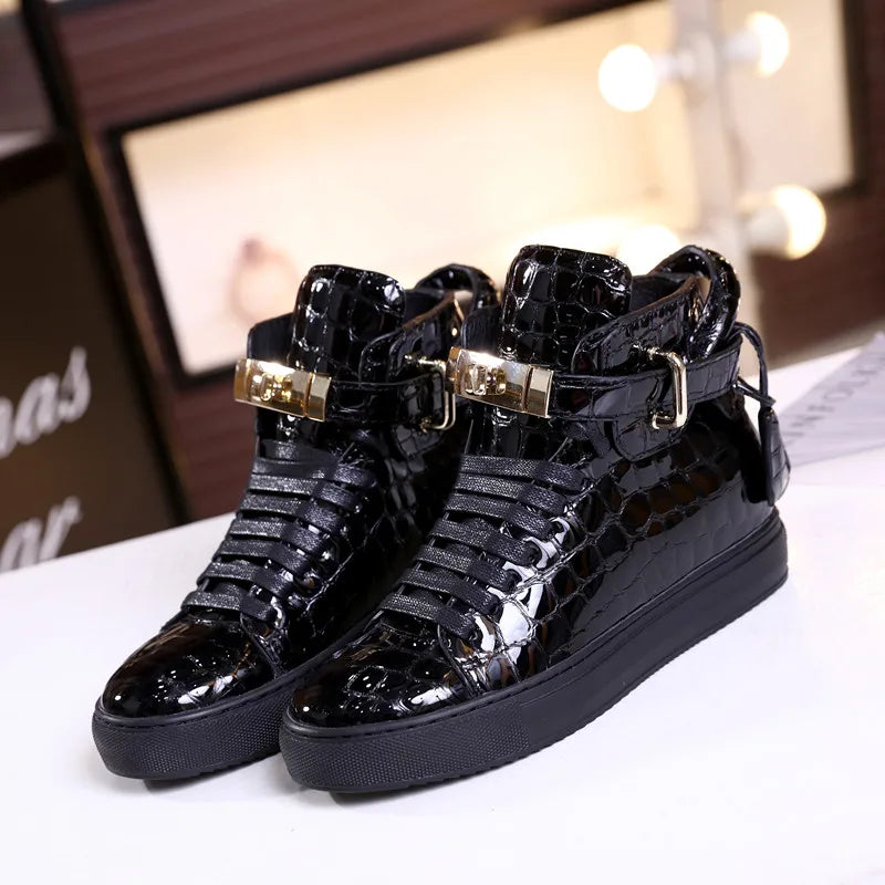 Unisex High-Top Leather Sneakers - Casual Running Shoes with Metal Details