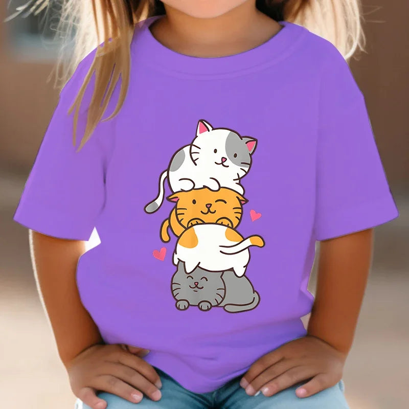 Cute Cat Graphic Kids Tshirts Kawaii T-Shirt Kids Summer Short Sleeve Tees Cartoon Animal Boys Girls Kawaii Kitten Tops Tshirt